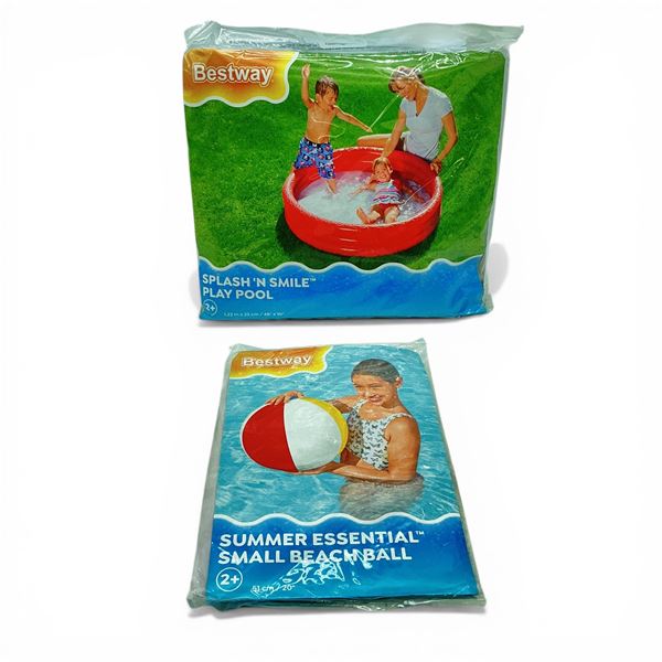 Bestway Summer Essential Small Beach Ball, New and Splash 'N Smile 48" x 10" Play Pool, New