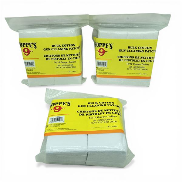 Hoppe's 16/12 Ga Bulk 2.75" x 2.75" Cotton Gun Cleaning Patches, 300 Pack X 3 Qty, New