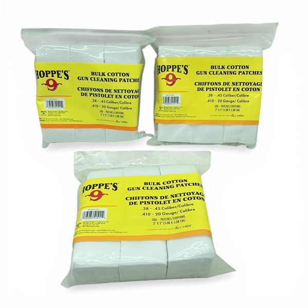 Hoppe's .38-.45 Caliber Bulk 2" x 2" Cotton Gun Cleaning Patches, 500 Pack X 3 Qty, New