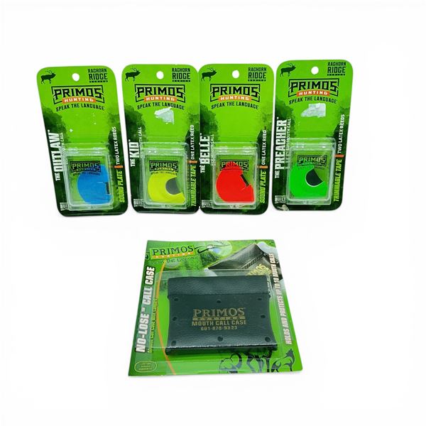 Assorted Primos Elk Mouth Calls X 4 Qty, New and Primos No-Lose Mouth Call Case with Lanyard, New