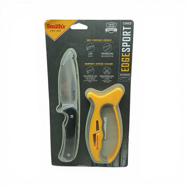 Smith's Edge Sport Combo: 4" Fixed Blade Knife with Polyester Sheath and Knife Sharpener, New
