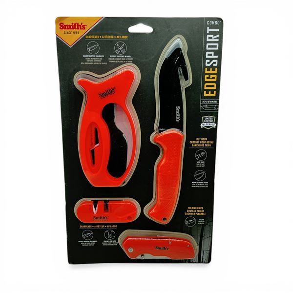 Smith's Edge Sport Combo: 4.25" Blade Knife with Sheath, 3" Folding Blade Knife and Sharpeners, New
