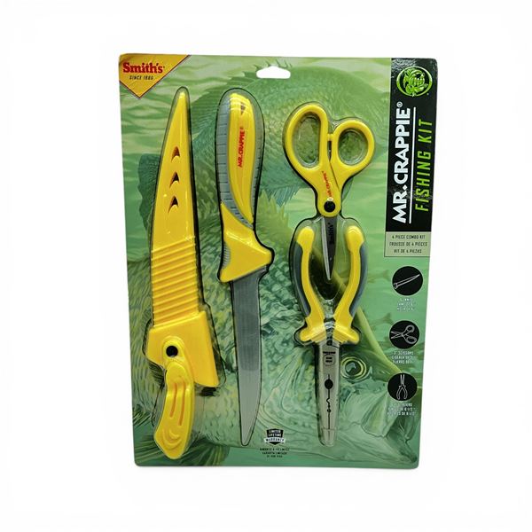 Smith's Mr. Crappie Fishing Kit Combo: 6" Blade Fillet Knife w/ Sheath, 3" Scissor & 6.5" Plier, New