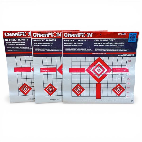 Champion Re-Stick Redfield-Style Sight-In Targets, 25 Sheet Peel and Stick Pad X 3 Qty, New