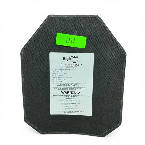 High Com Security Inc Guardian 4SAS-7 Level IV Stand Alone Hard Armor Plate, 10" x 12"
