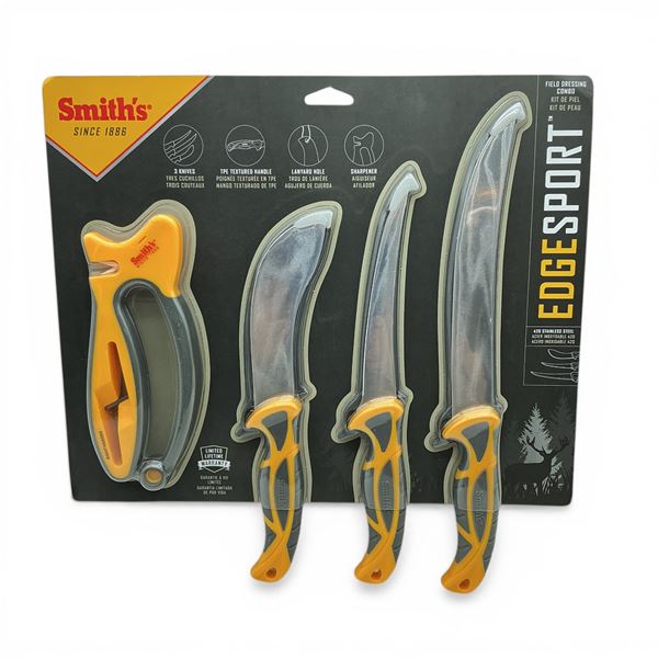 Smith's Edge Sport Field Dressing Combo: 8" Knife, 6.3" Knife, 6.3" Skinning Knife & Sharpener, New