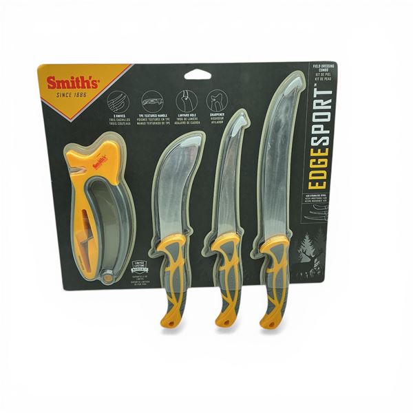 Smith's Edge Sport Field Dressing Combo: 8" Knife, 6.3" Knife, 6.3" Skinning Knife & Sharpener, New