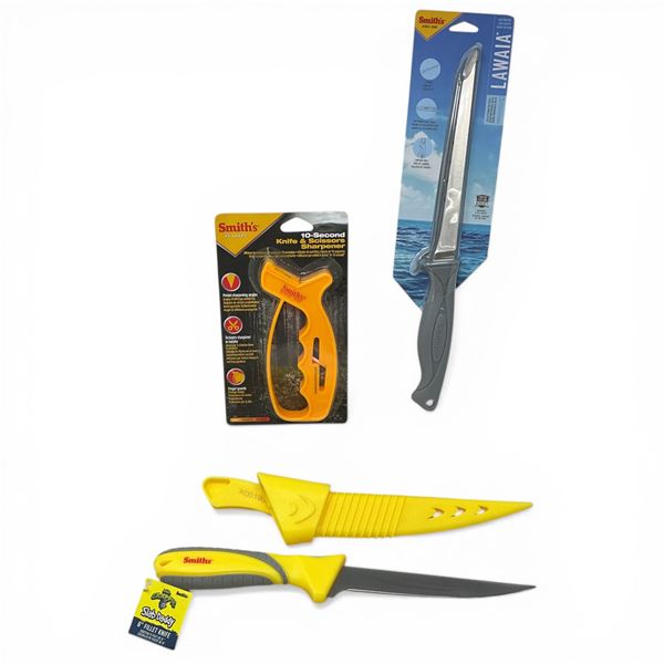 Assorted Smith's Fillet Knives X 2 Qty, New and Smith's 10-Second Knife and Scissor Sharpener, New