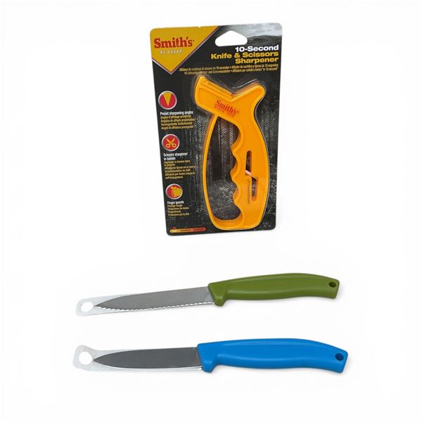 Smith's 4" Serrated Bait Knife, Smith's 3.25" Bait Knife, & Smith's Knife & Scissors Sharpener, New