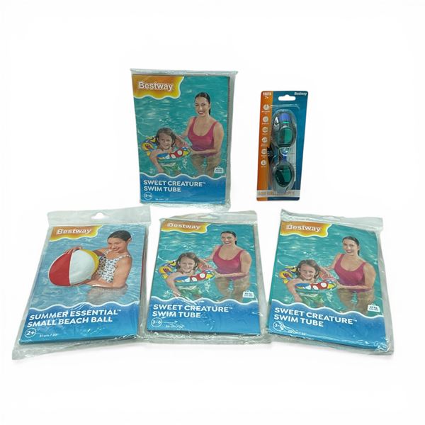 Bestway Sweet Creature Swim Tubes X 3, 20" Small Beach Ball and Aqua Burs Youth Swim Goggles, New