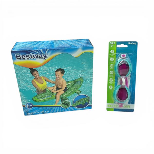 Bestway Alligator 60" x 28" Pool Float, New and Bestway Aqua Burst Essential Child Swim Goggles, New