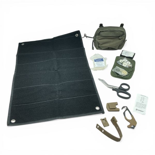 Assorted Tactical Pouches, Gerber Strap Cutter, Velcro Panel, First Aid Equipment and Sewing Kit