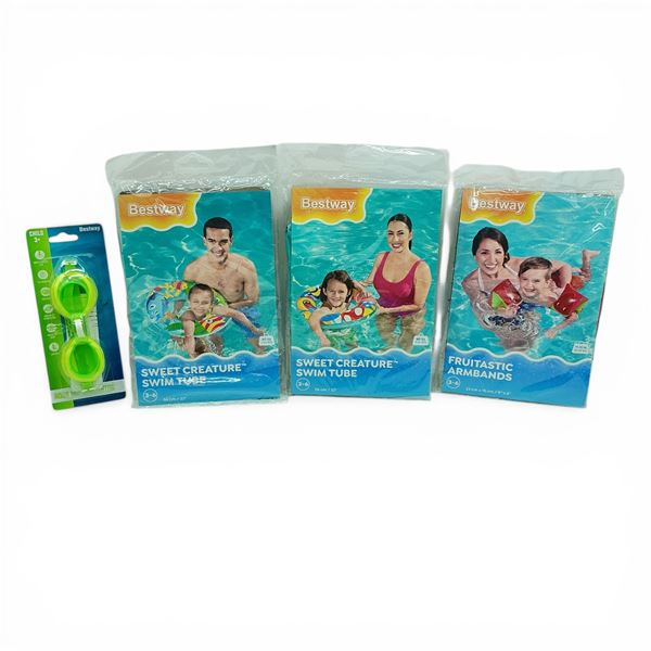 Bestway Fruitastic Armbands, Sweet Creature Swim Tube X 2 Qty and Aqua Burst Child Swim Goggles, New