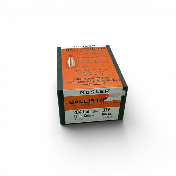 Nosler Ballistic Tip Varmint 204 Caliber (.204"), 32 Grain Spitzer BTV Projectiles, 100 Qty