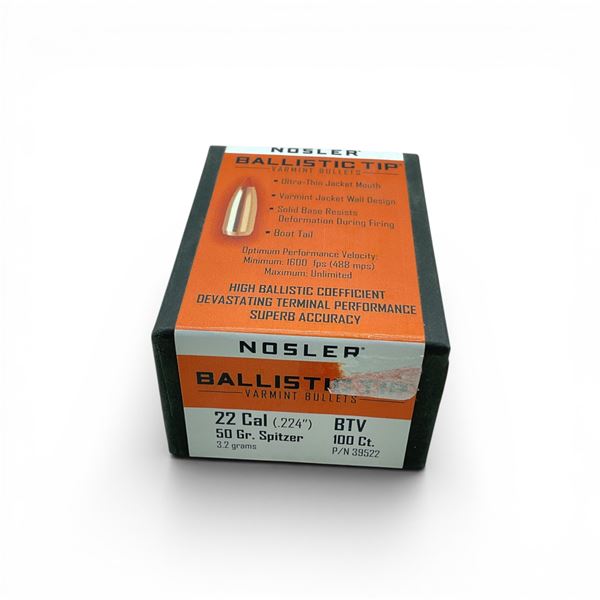 Nosler Ballistic Tip Varmint 22 Caliber (.224"), 50 Grain Spitzer BTV Projectiles, 100 Qty
