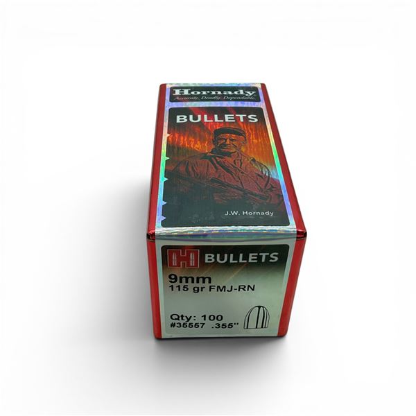 Hornady 9mm Caliber (.355"), 115 Grain FMJ-RN Projectiles, 100 Qty