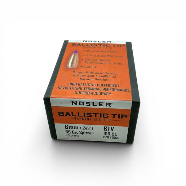 Nosler Ballistic Tip Varmint 6mm (.243"), 55 Grain Spitzer BTV Projectiles, 100 Qty