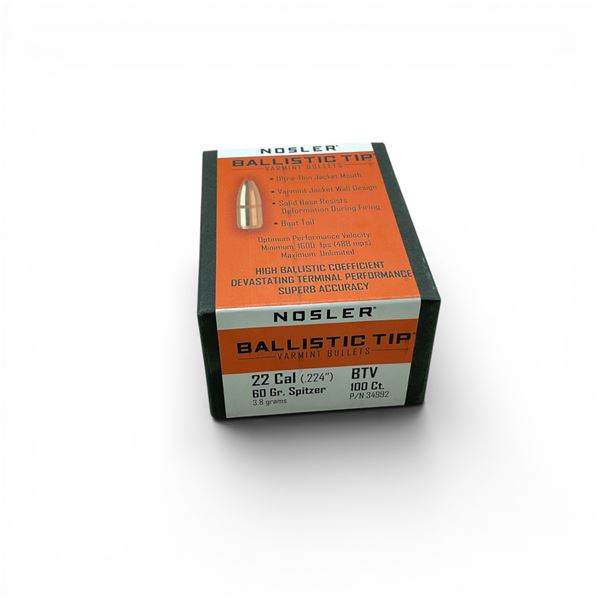 Nosler Ballistic Tip Varmint 22 Caliber (.224"), 60 Grain Spitzer BTV Projectiles, 100 Qty