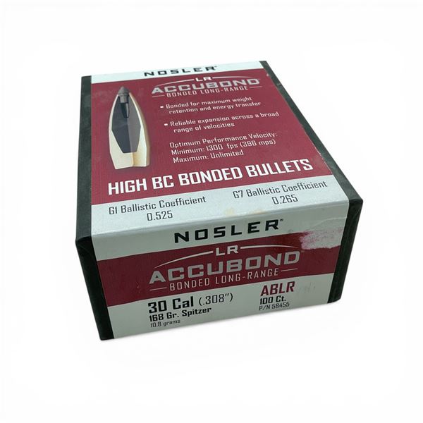 Nosler LR Accubond Bonded Long-Range 30 Caliber (.308"), 168 Grain Spitzer ABLR Projectiles, 100 Qty
