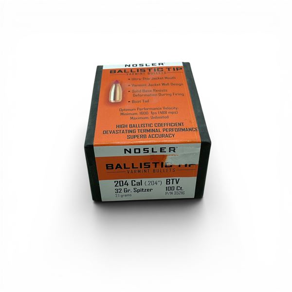 Nosler Ballistic Tip Varmint 204 Caliber (.204"), 32 Grain Spitzer BTV Projectiles, 100 Qty