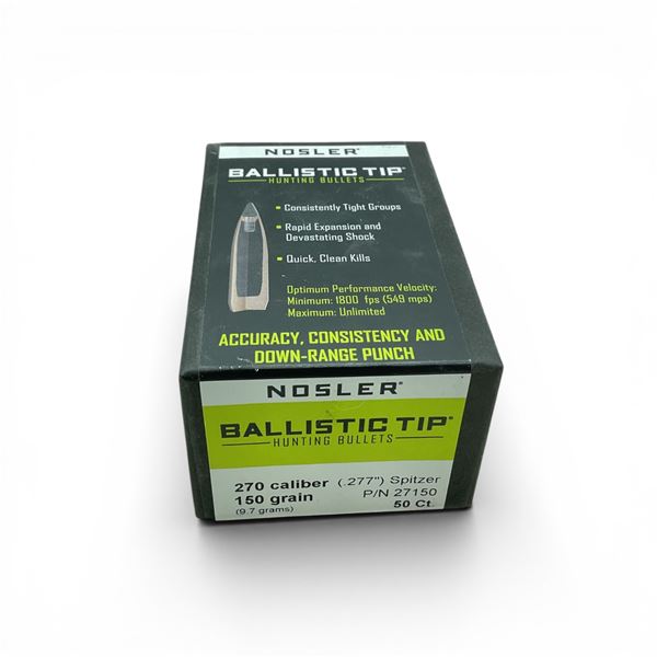 Nosler Ballistic Tip Hunting 270 Caliber (.277"), 150 Grain Spitzer Projectiles, 50 Qty