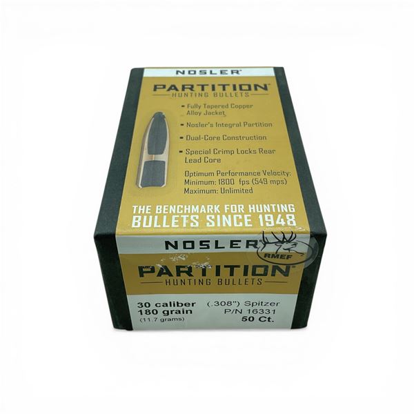 Nosler Partition Hunting 30 Caliber (.308"), 180 Grain Spitzer Projectiles, 50 Qty
