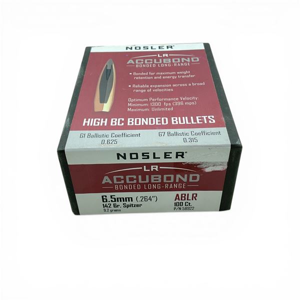 Nosler LR Accubond Bonded Long-Range 6.5mm (.264"), 142 Grain Spitzer ABLR Projectiles, 100 Qty