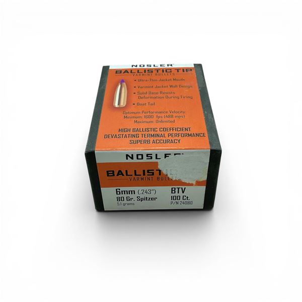 Nosler Ballistic Tip Varmint 6mm Caliber (.243"), 80 Grain Spitzer BTV Projectiles, 100 Qty