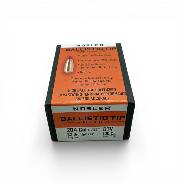 Nosler Ballistic Tip Varmint 204 Caliber (.204"), 32 Grain Spitzer BTV Projectiles, 100 Qty