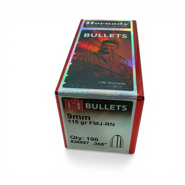 Hornady 9mm (.355"), 115 Grain FMJ-RN Projectiles, 100 Qty