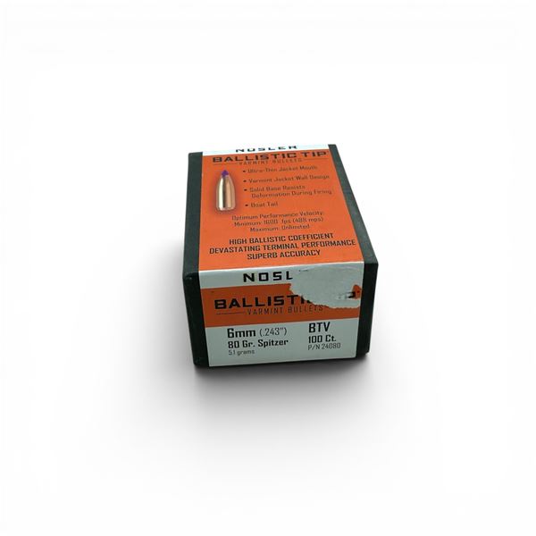 Nosler Ballistic Tip Varmint 6mm Caliber (.243"), 80 Grain Spitzer BTV Projectiles, 100 Qty