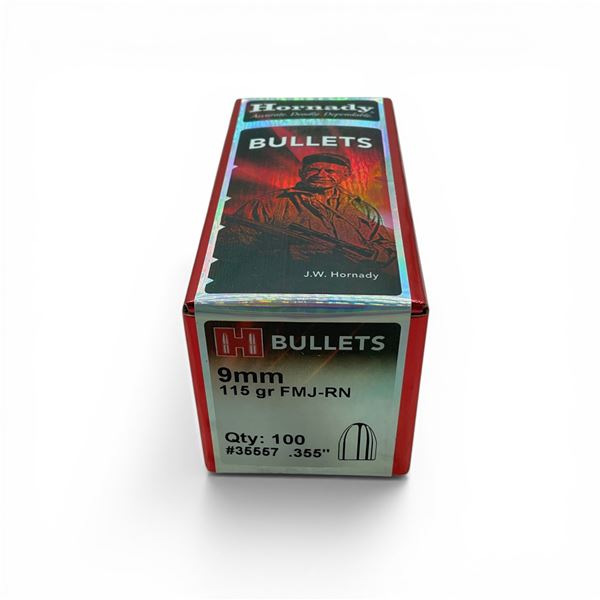 Hornady 9mm (.355"), 115 Grain FMJ-RN Projectiles, 100 Qty