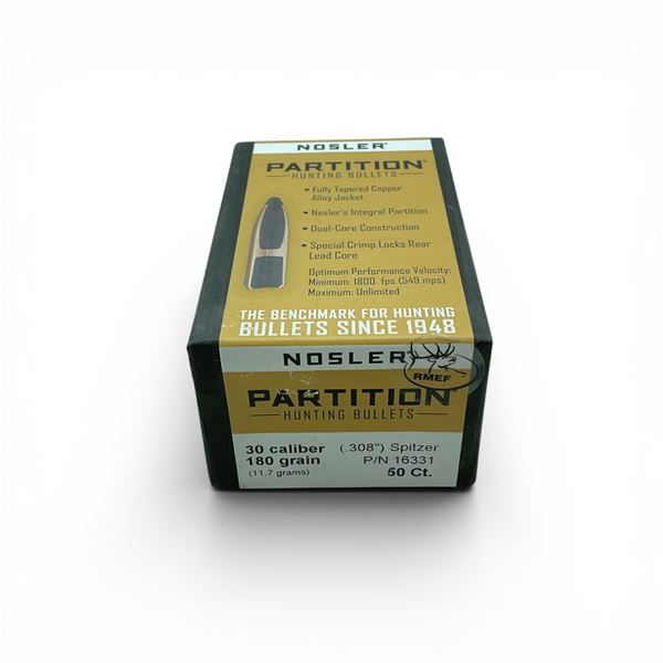 Nosler Partition Hunting 30 Caliber (.308"), 180 Grain Spitzer Projectiles, 50 Qty