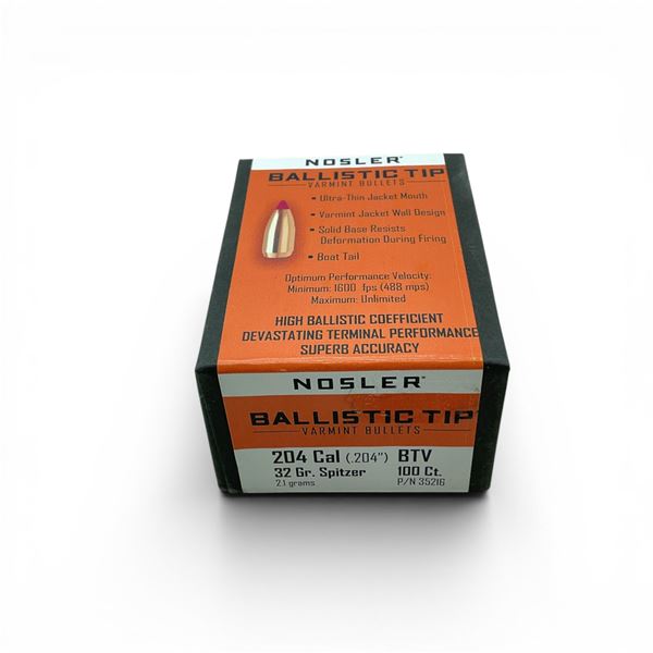 Nosler Ballistic Tip Varmint 204 Caliber (.204"), 32 Grain Spitzer BTV Projectiles, 100 Qty