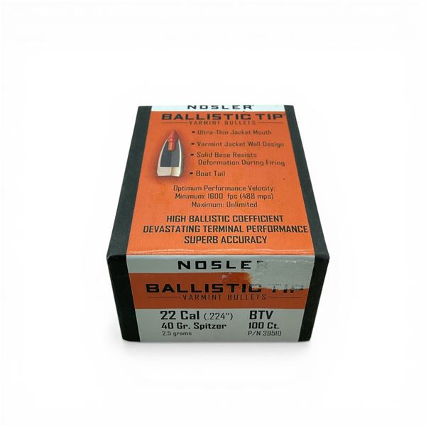 Nosler Ballistic Tip Varmint 22 Caliber (.224"), 40 Grain Spitzer BTV Projectiles, 100 Qty