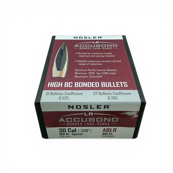 Nosler LR Accubond Bonded Long-Range 30 Caliber (.308"), 168 Grain Spitzer ABLR Projectiles, 100 Qty
