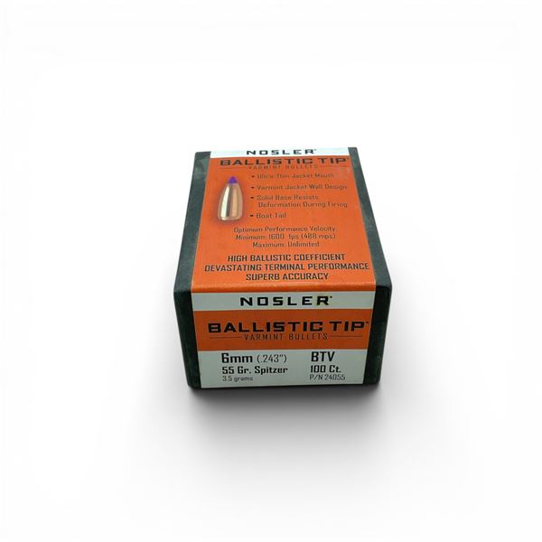 Nosler Ballistic Tip Varmint 6mm Caliber (.243"), 55 Grain Spitzer BTV Projectiles, 100 Qty