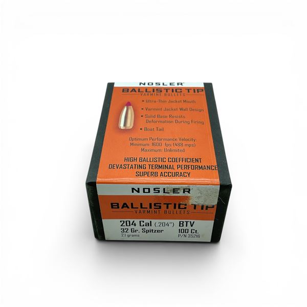 Nosler Ballistic Tip Varmint 204 Caliber (.204"), 32 Grain Spitzer BTV Projectiles, 100 Qty