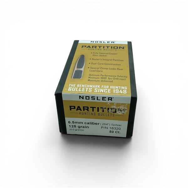 Nosler Partition Hunting 6.5mm Caliber (.264"), 125 Grain Spitzer Projectiles, 50 Qty