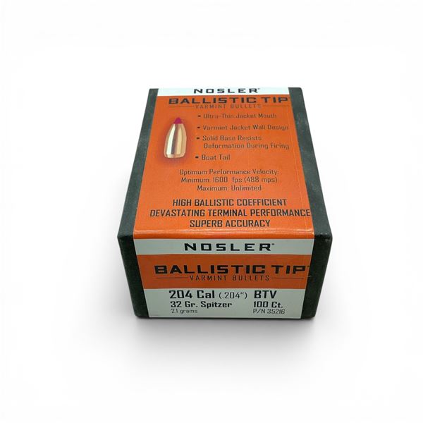 Nosler Ballistic Tip Varmint 204 Caliber (.204"), 32 Grain Spitzer BTV Projectiles, 100 Qty