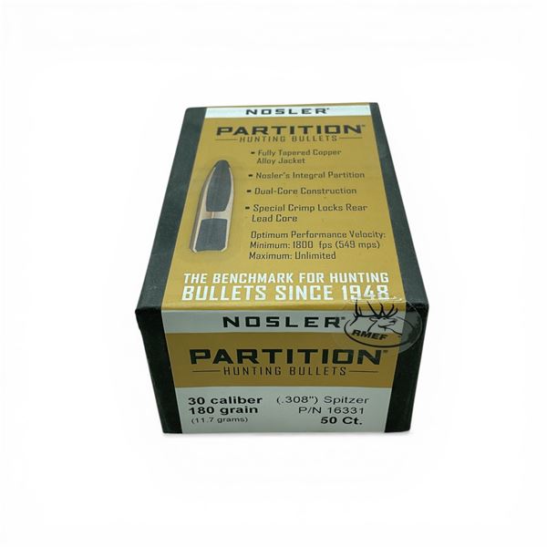 Nosler Partition Hunting 30 Caliber (.308"), 180 Grain Spitzer Projectiles, 50 Qty