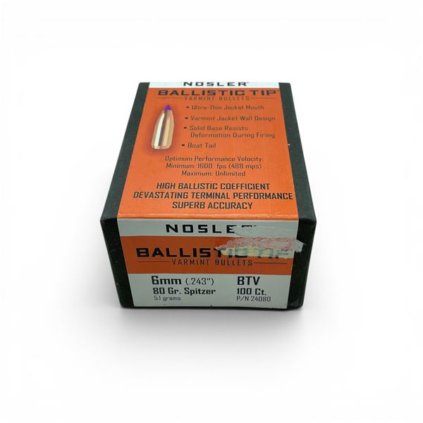 Nosler Ballistic Tip Varmint 6mm Caliber (.243"), 80 Grain Spitzer BTV Projectiles, 100 Qty