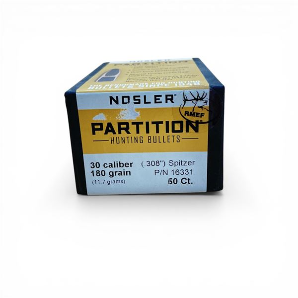 Nosler Partition Hunting 30 Caliber (.308"), 180 Grain Spitzer Projectiles, 50 Qty