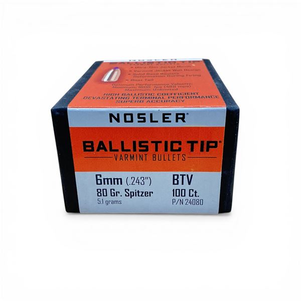 Nosler Ballistic Tip Varmint 6mm Caliber (.243"), 80 Grain Spitzer BTV Projectiles, 100 Qty