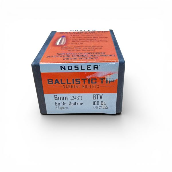 Nosler Ballistic Tip Varmint 6mm Caliber (.243"), 55 Grain Spitzer BTV Projectiles, 100 Qty