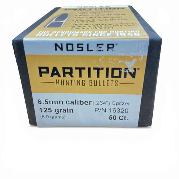 Nosler Partition Hunting 6.5mm Caliber (.264"), 125 Grain Spitzer Projectiles, 50 Qty