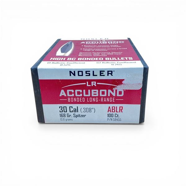 Nosler LR Accubond Bonded Long-Range 30 Caliber (.308"), 168 Grain Spitzer ABLR Projectiles, 100 Qty