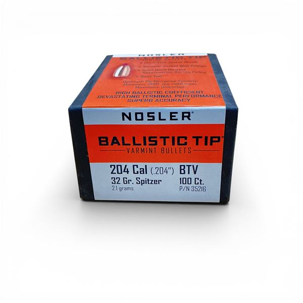 Nosler Ballistic Tip Varmint 204 Caliber (.204"), 32 Grain Spitzer BTV Projectiles, 100 Qty