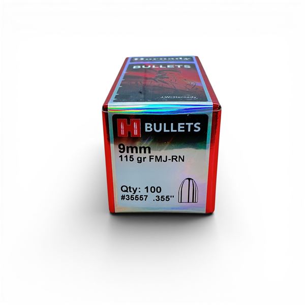 Hornady 9mm (.355"), 115 Grain FMJ-RN Projectiles, 100 Qty