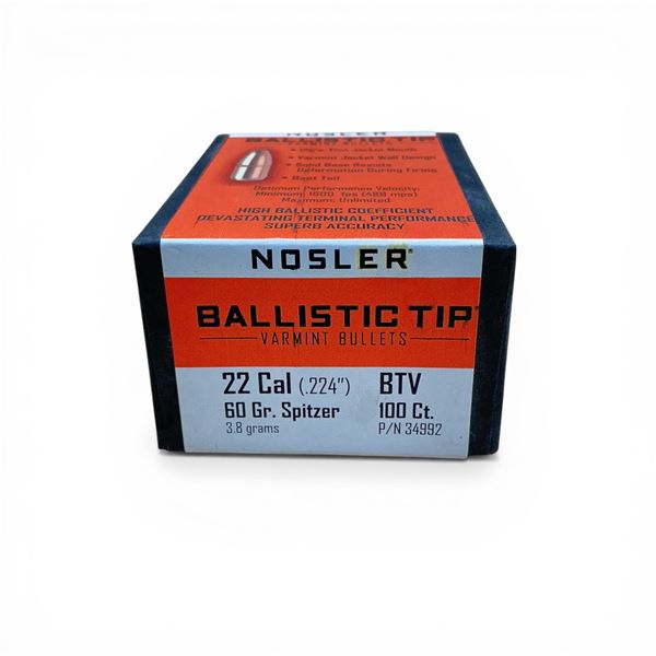 Nosler Ballistic Tip Varmint 22 Caliber (.224"), 60 Grain Spitzer BTV Projectiles, 100 Qty